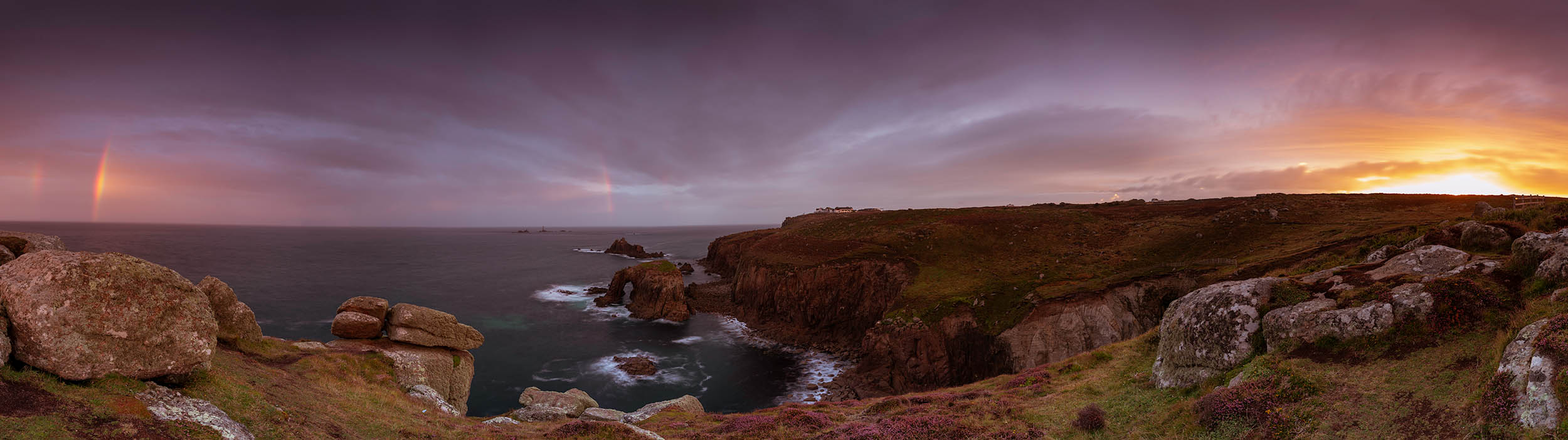 Rainbow at Lands End, Cornwall, England. Panoramic Photo. Buy a fine art print.