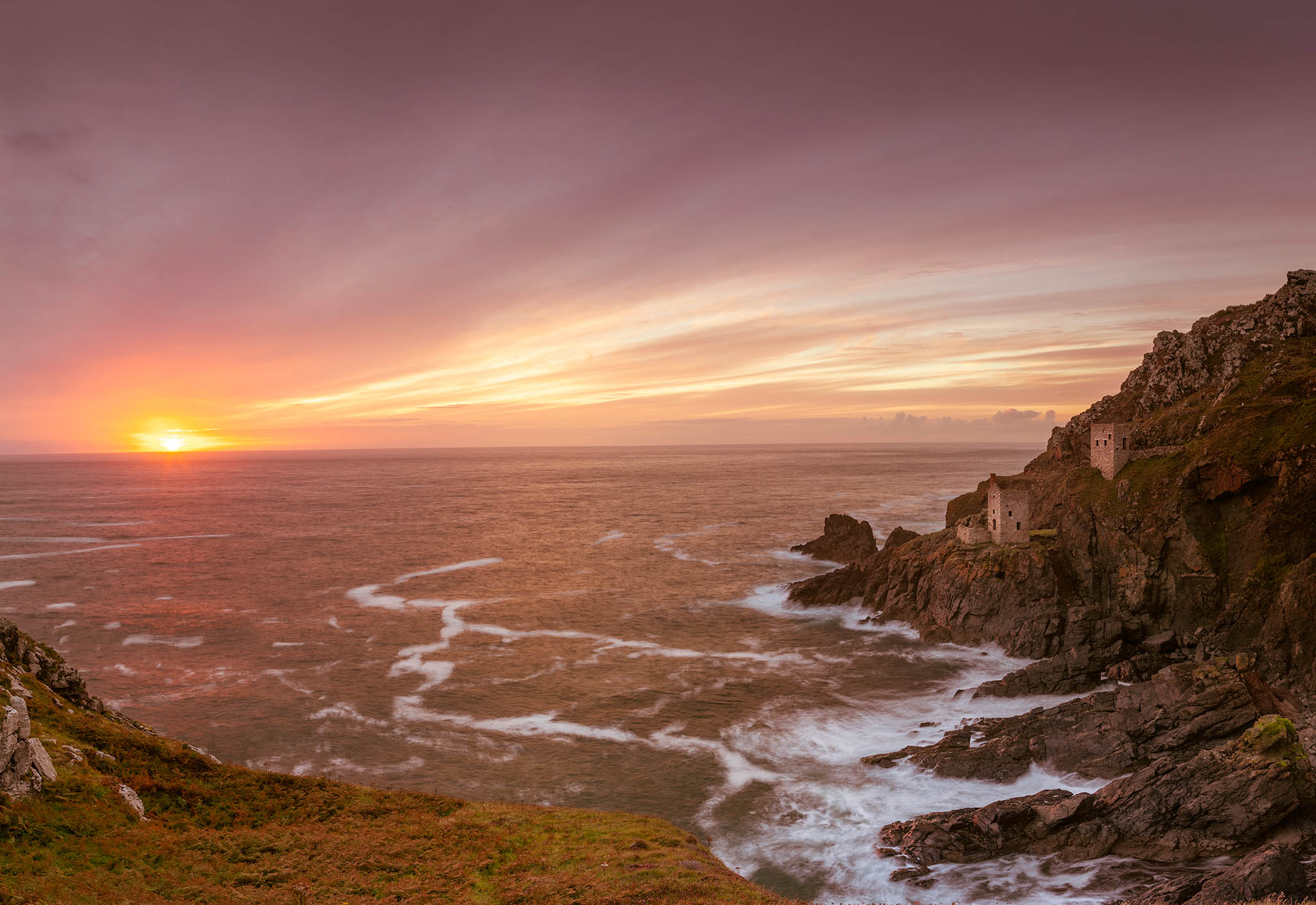 Sunset at Botallack Mine in Cornwall, England. Buy a fine art print.