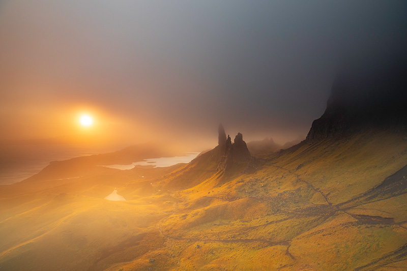 Old Man of Storr in the mist, Isle of Skye, Scotland.
